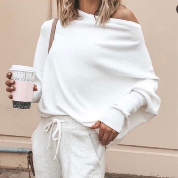 Loose casual White off shoulder knit cozy tops sweater - Picture 1 of 9